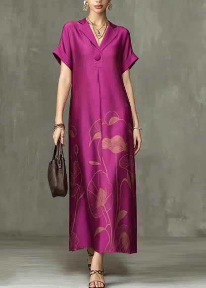 Chic Rose Notched Print Maxi Dresses Summer