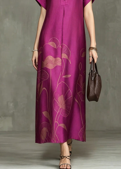 Chic Rose Notched Print Maxi Dresses Summer
