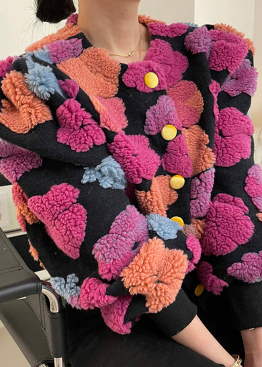 Chic Rose O Neck Button Faux Fur Short Coat Spring