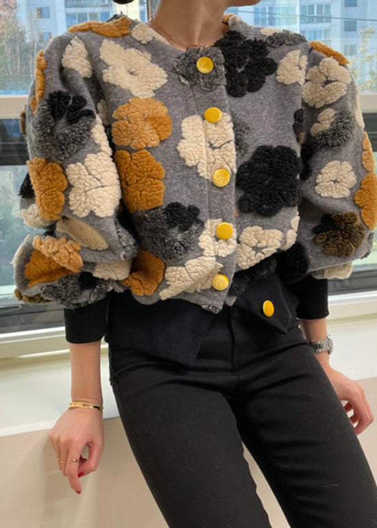 Chic Rose O Neck Button Faux Fur Short Coat Spring