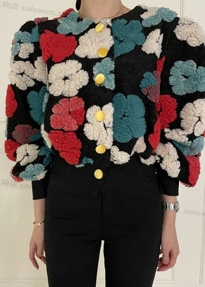 Chic Rose O Neck Button Faux Fur Short Coat Spring