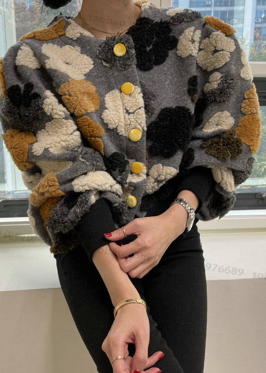 Chic Rose O Neck Button Faux Fur Short Coat Spring