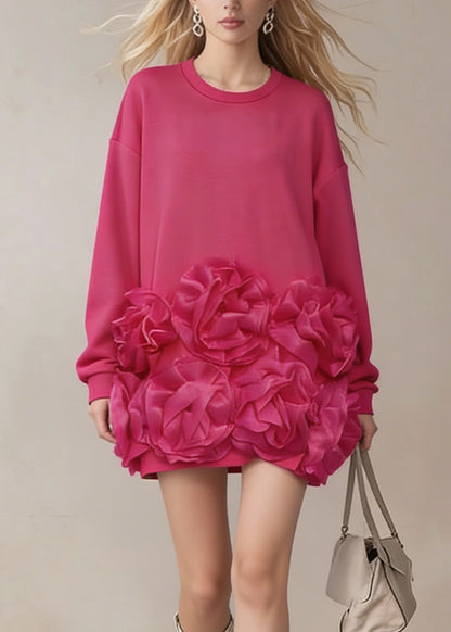 Chic Rose O Neck Floral Cotton T Shirt Dress Spring