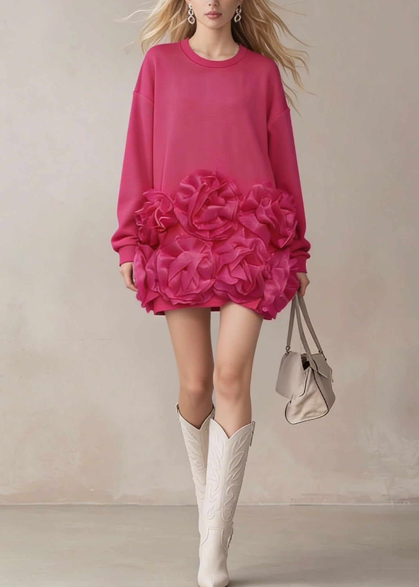 Chic Rose O Neck Floral Cotton T Shirt Dress Spring