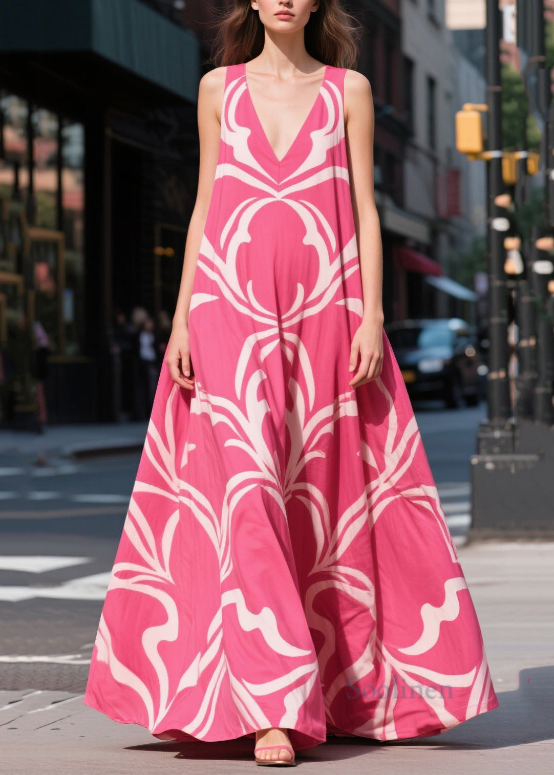 Chic Rose Oversized Print Chiffon Maxi Dresses Summer