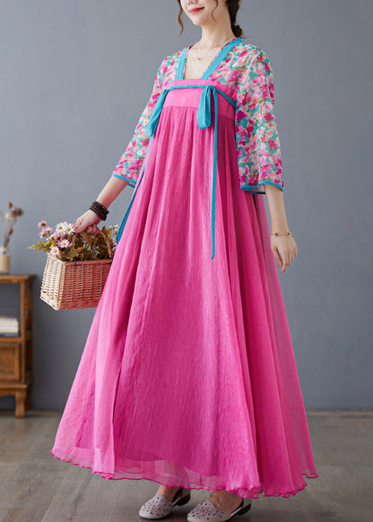 Chic Rose Print Lace Up Patchwork Chiffon Exra Large Hem Dress Summer