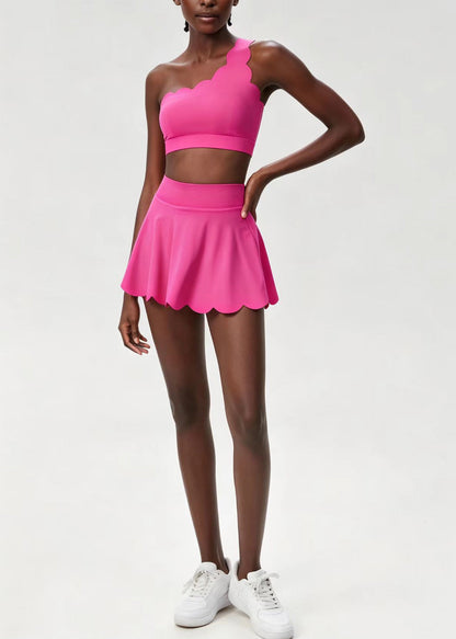 Chic Rose Scalloped One Shoulder Sports Bra High Waist Built-In Shorts Skirts Two Piece Set