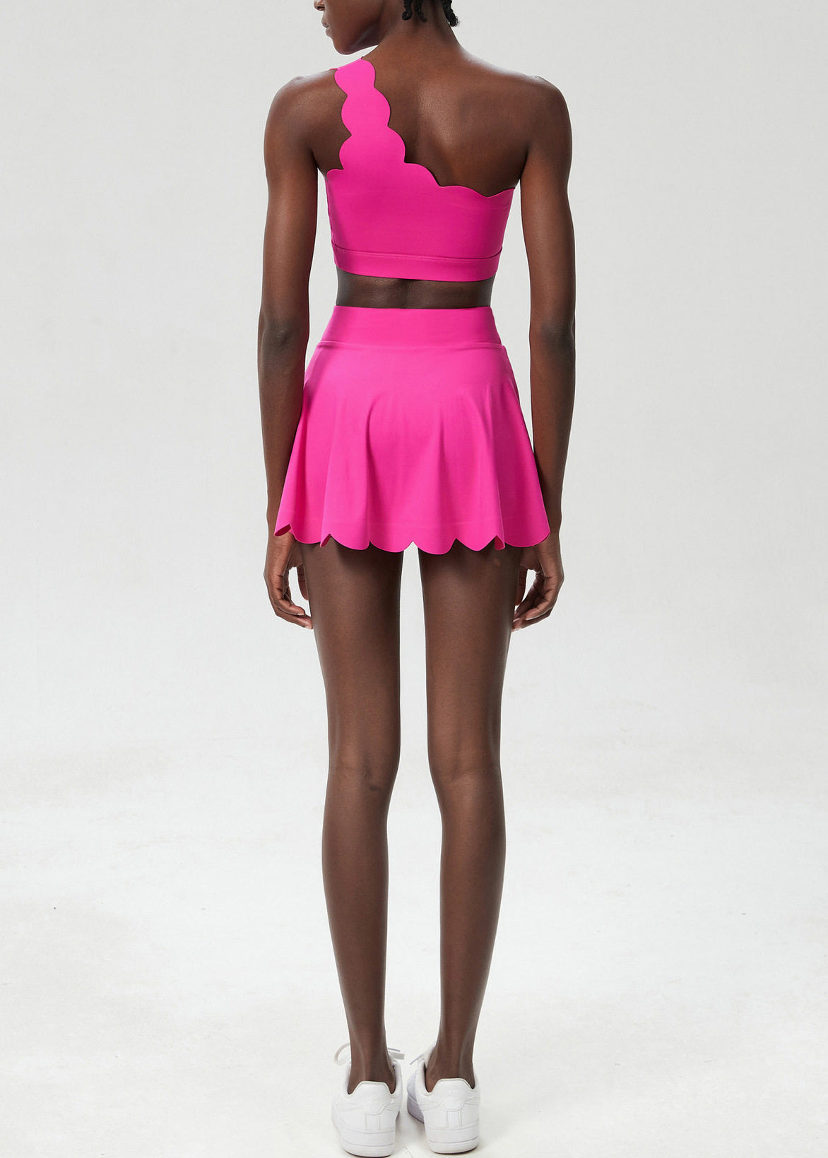 Chic Rose Scalloped One Shoulder Sports Bra High Waist Built-In Shorts Skirts Two Piece Set