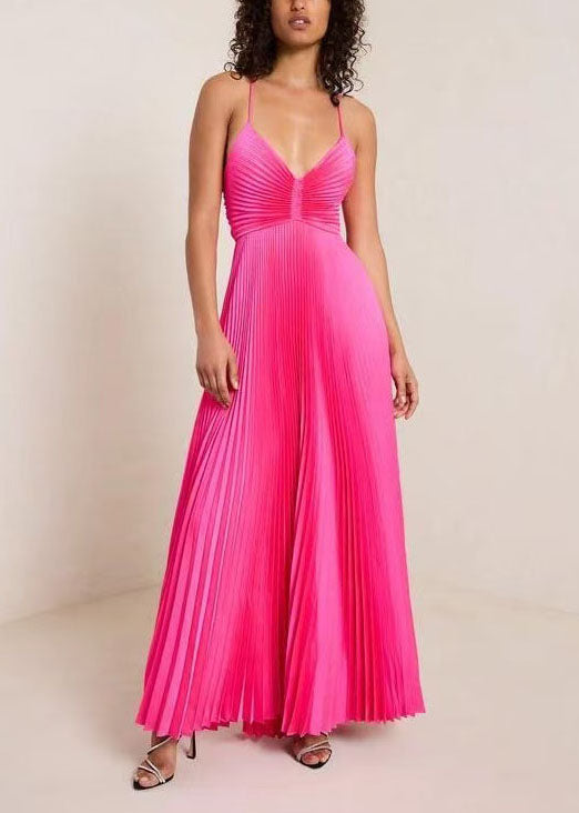 Chic Rose V Neck Lace Up Wrinkled Spaghetti Strap Dress Summer