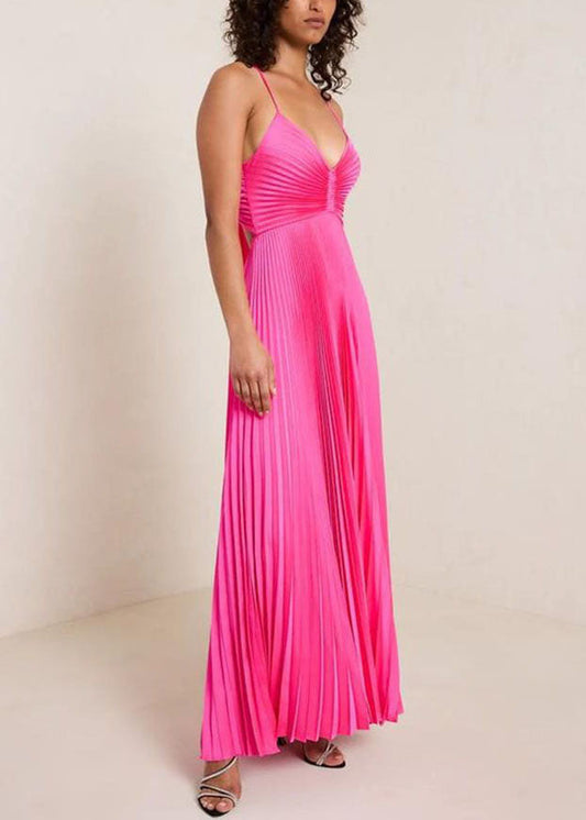 Chic Rose V Neck Lace Up Wrinkled Spaghetti Strap Dress Summer