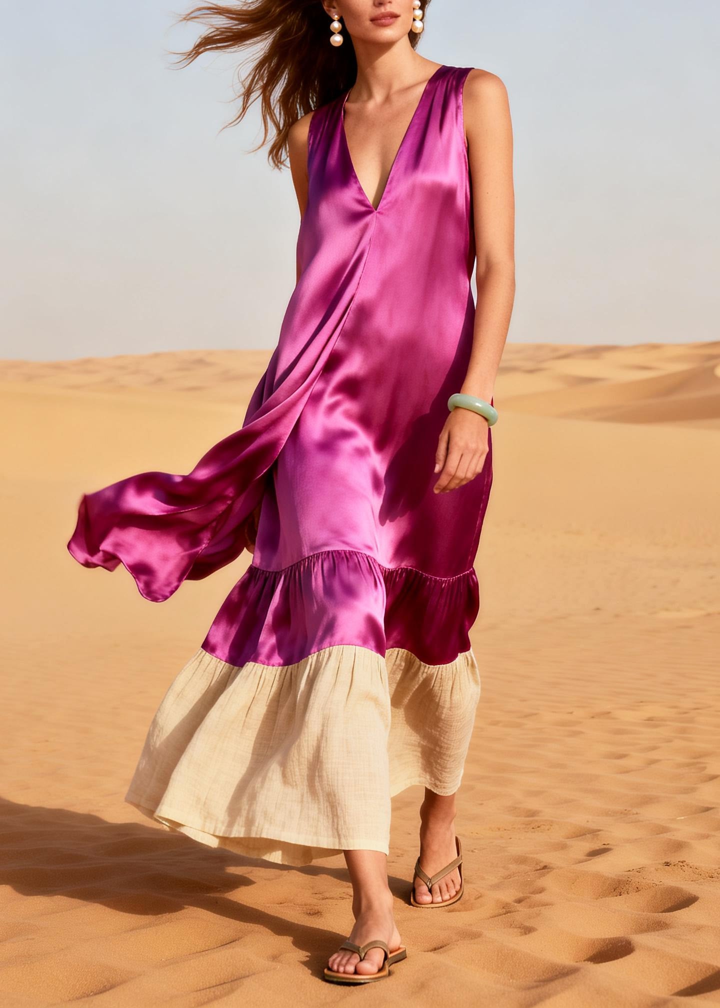 Chic Rose V Neck Patchwork Silk Maxi Dress Summer