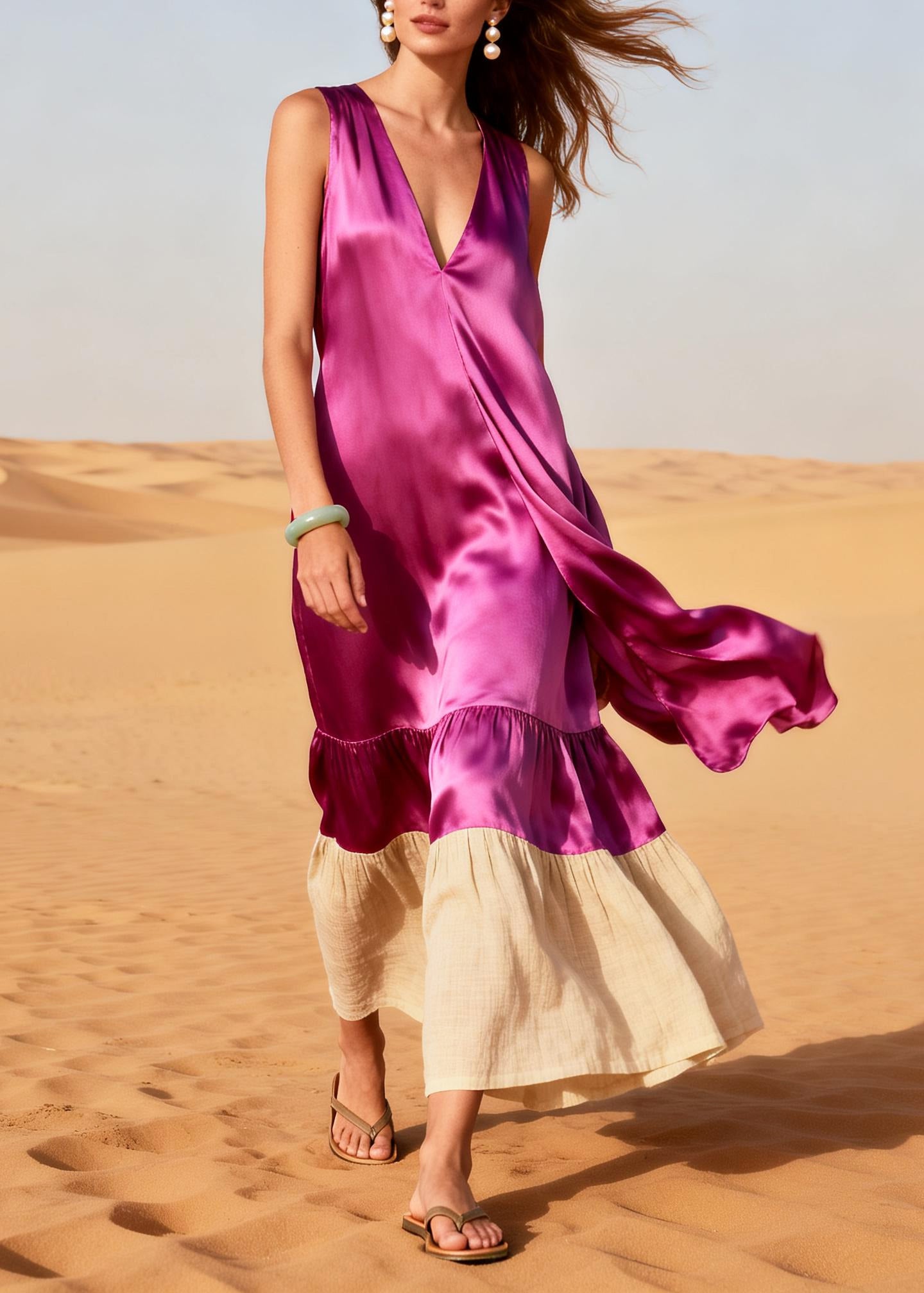Chic Rose V Neck Patchwork Silk Maxi Dress Summer