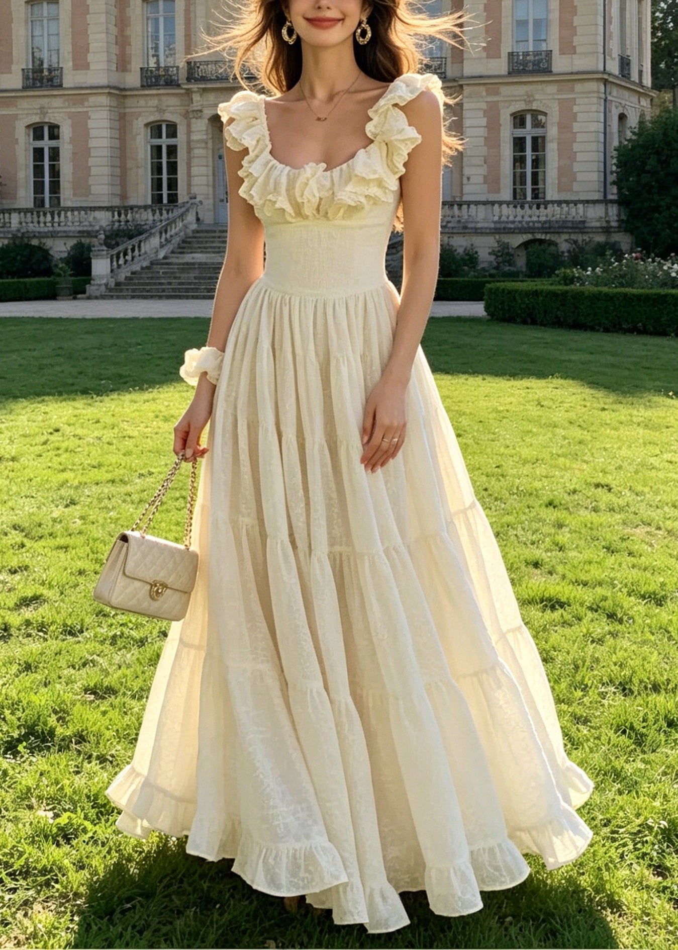 Chic Ruffled Wrinkled Patchwork Cotton Ankle Dress Summer
