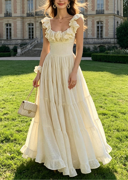 Chic Ruffled Wrinkled Patchwork Cotton Ankle Dress Summer
