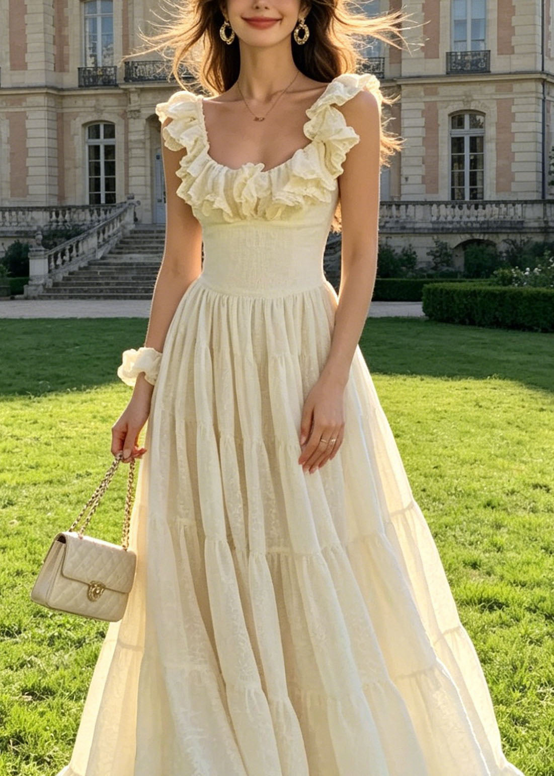 Chic Ruffled Wrinkled Patchwork Cotton Ankle Dress Summer