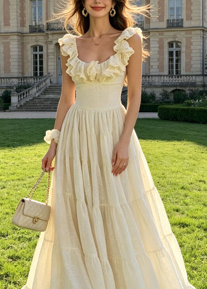 Chic Ruffled Wrinkled Patchwork Cotton Ankle Dress Summer