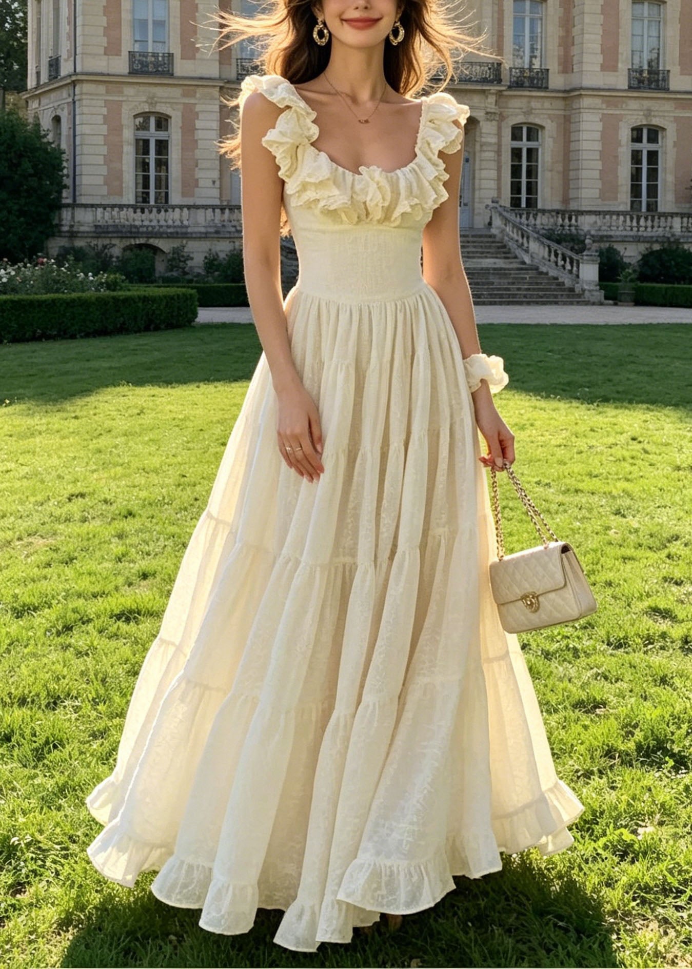 Chic Ruffled Wrinkled Patchwork Cotton Ankle Dress Summer