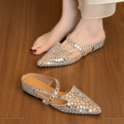 Chic Sequins Splicing Silver Faux Leather Slide Sandals Pointed Toe