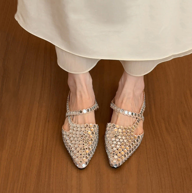 Chic Sequins Splicing Silver Faux Leather Slide Sandals Pointed Toe