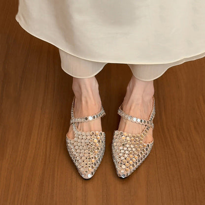 Chic Sequins Splicing Silver Faux Leather Slide Sandals Pointed Toe