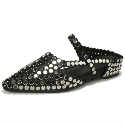 Chic Sequins Splicing Silver Faux Leather Slide Sandals Pointed Toe
