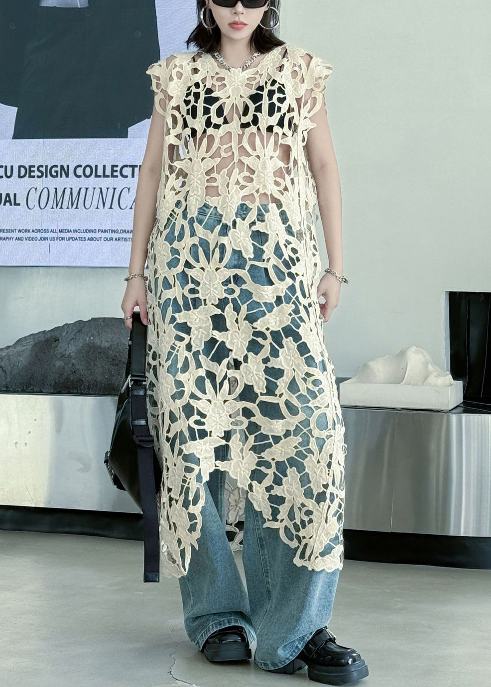 Chic Sexy Khaki O Neck Hollow Out Lace Long Dress Summer