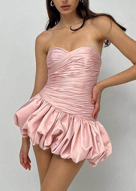 Chic Sexy Pink Wrinkled Patchwork Strapless Mini Dresses