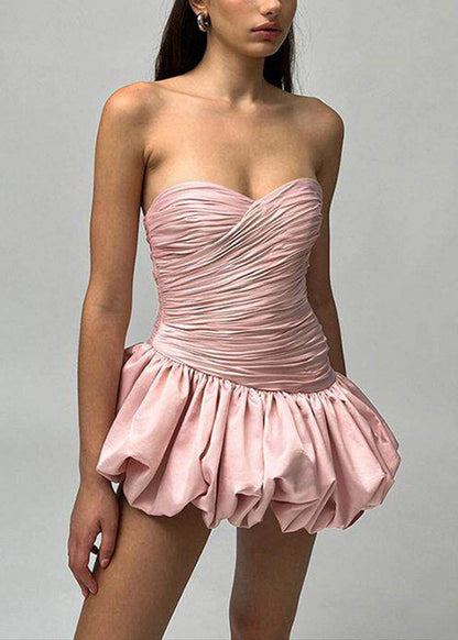 Chic Sexy Pink Wrinkled Patchwork Strapless Mini Dresses