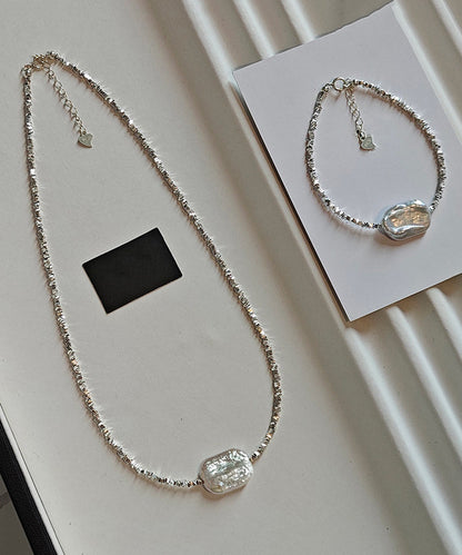 Chic Silver Asymmetric Pearl Adjustable Two Piece Set Pendant Necklace