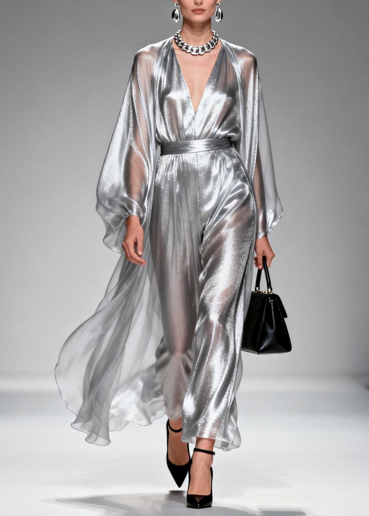 Chic Silver V Neck Silk Long Dresses Spring