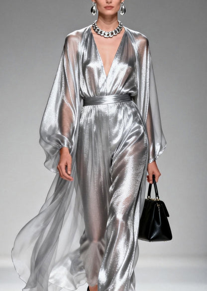 Chic Silver V Neck Silk Long Dresses Spring