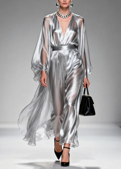 Chic Silver V Neck Silk Long Dresses Spring