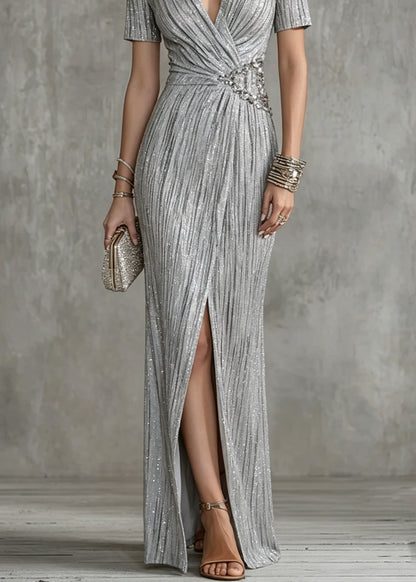 Chic Silver V Neck Zircon Slim Fit Long Dresses Summer