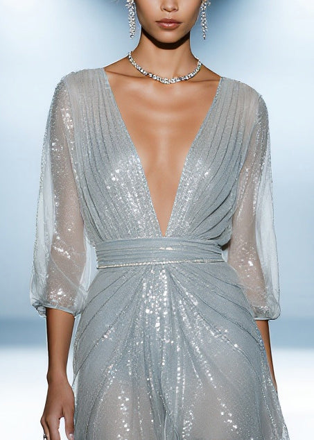 Chic Sky Blue Sequins Tulle Dinner Dress Summer