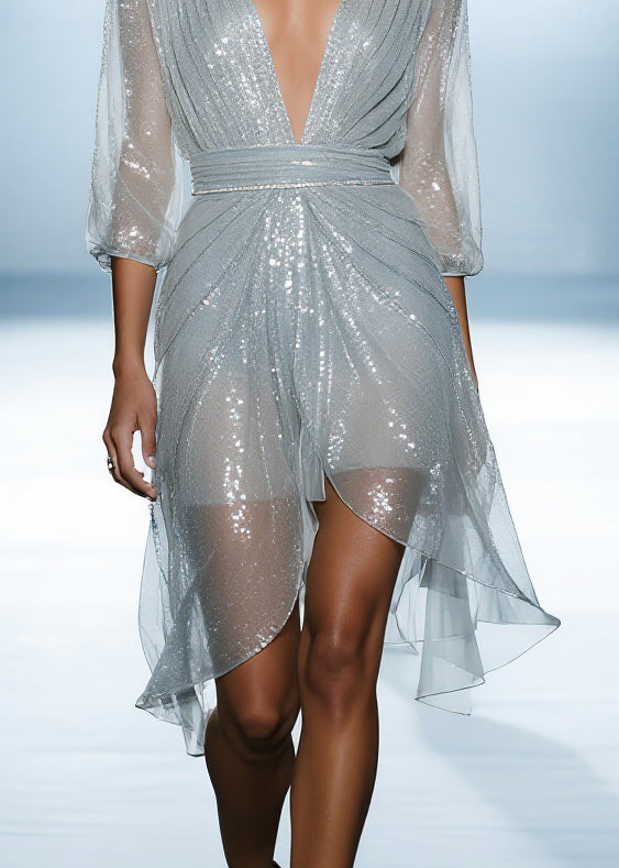 Chic Sky Blue Sequins Tulle Dinner Dress Summer