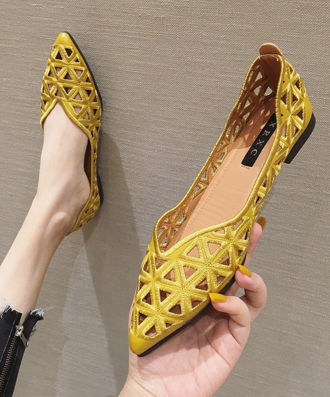 Chic Splicing Flat Shoes Apricot Hollow Out Faux Leather Pointed Toe