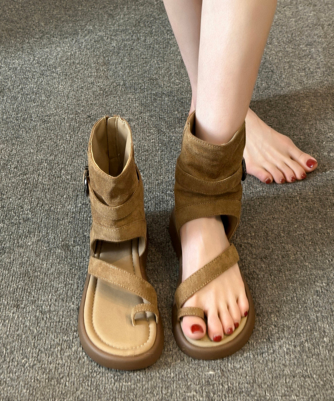 Chic Splicing Sandals Boots Khaki Suede Peep Toe