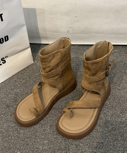 Chic Splicing Sandals Boots Khaki Suede Peep Toe