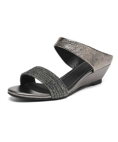 Chic Splicing Wedge Zircon Sheepskin Slide Sandals Peep Toe