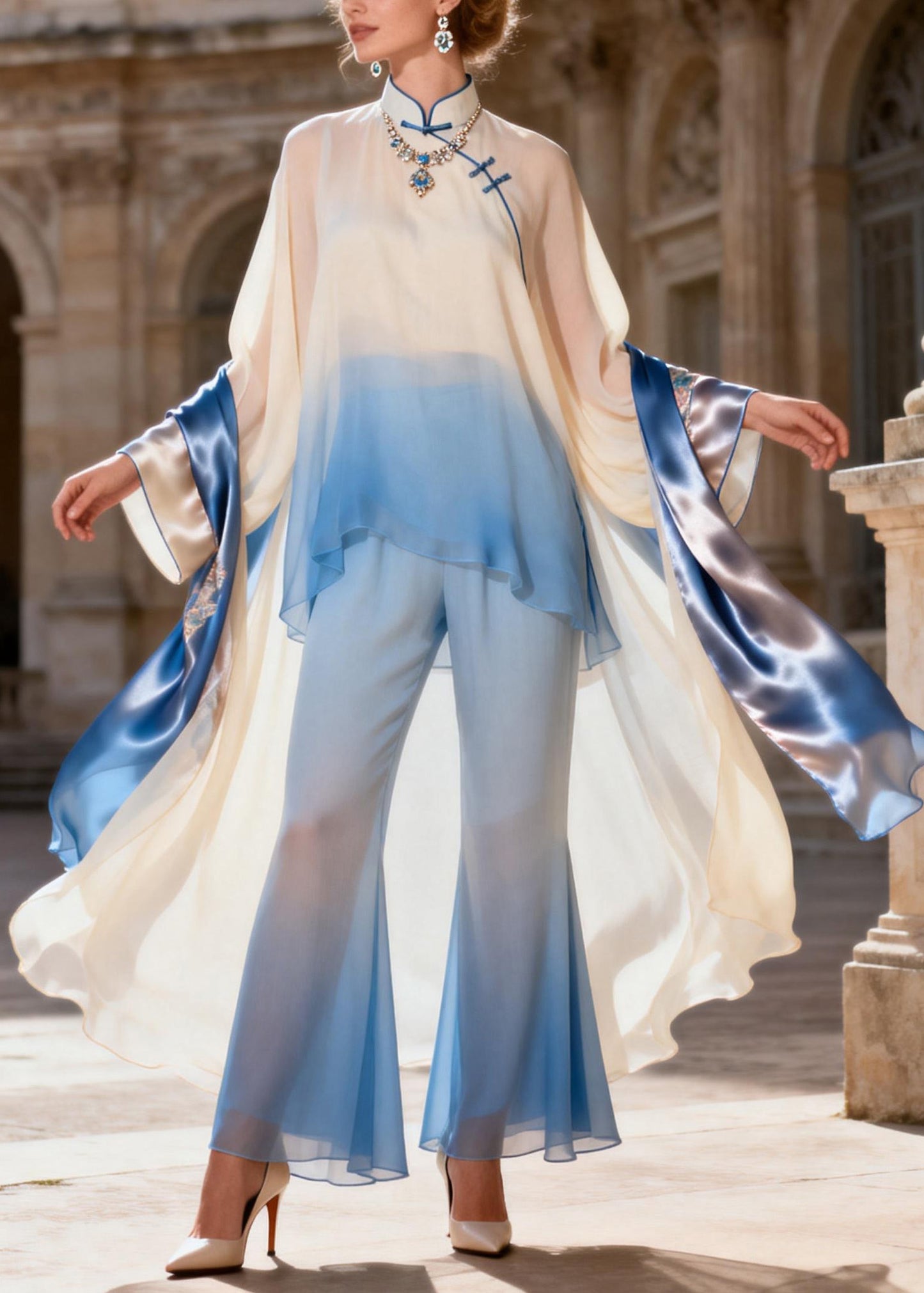 Chic Stand Collar Asymmetrical Patchwork Silk 2 Piece Outfit Spring