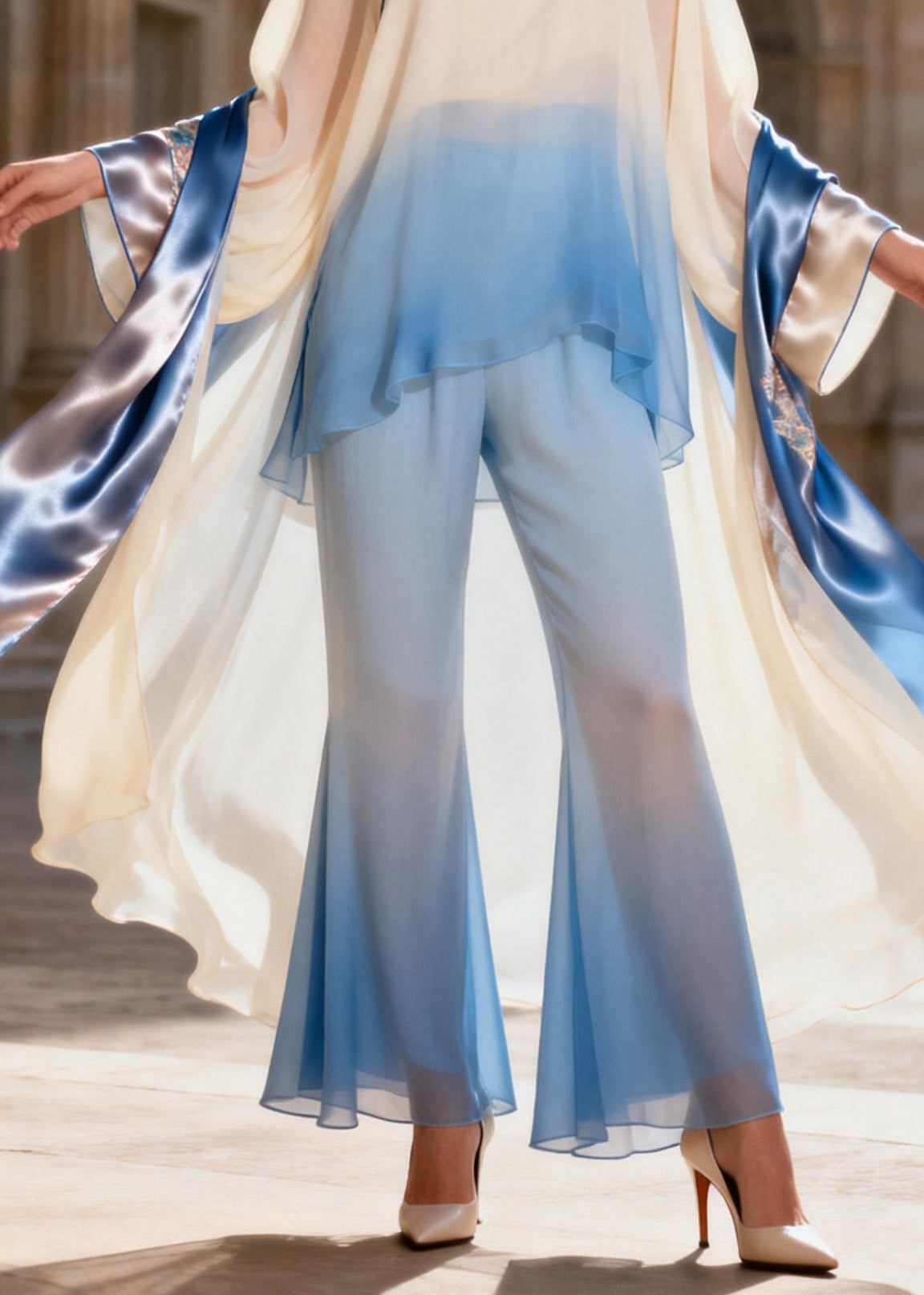 Chic Stand Collar Asymmetrical Patchwork Silk 2 Piece Outfit Spring