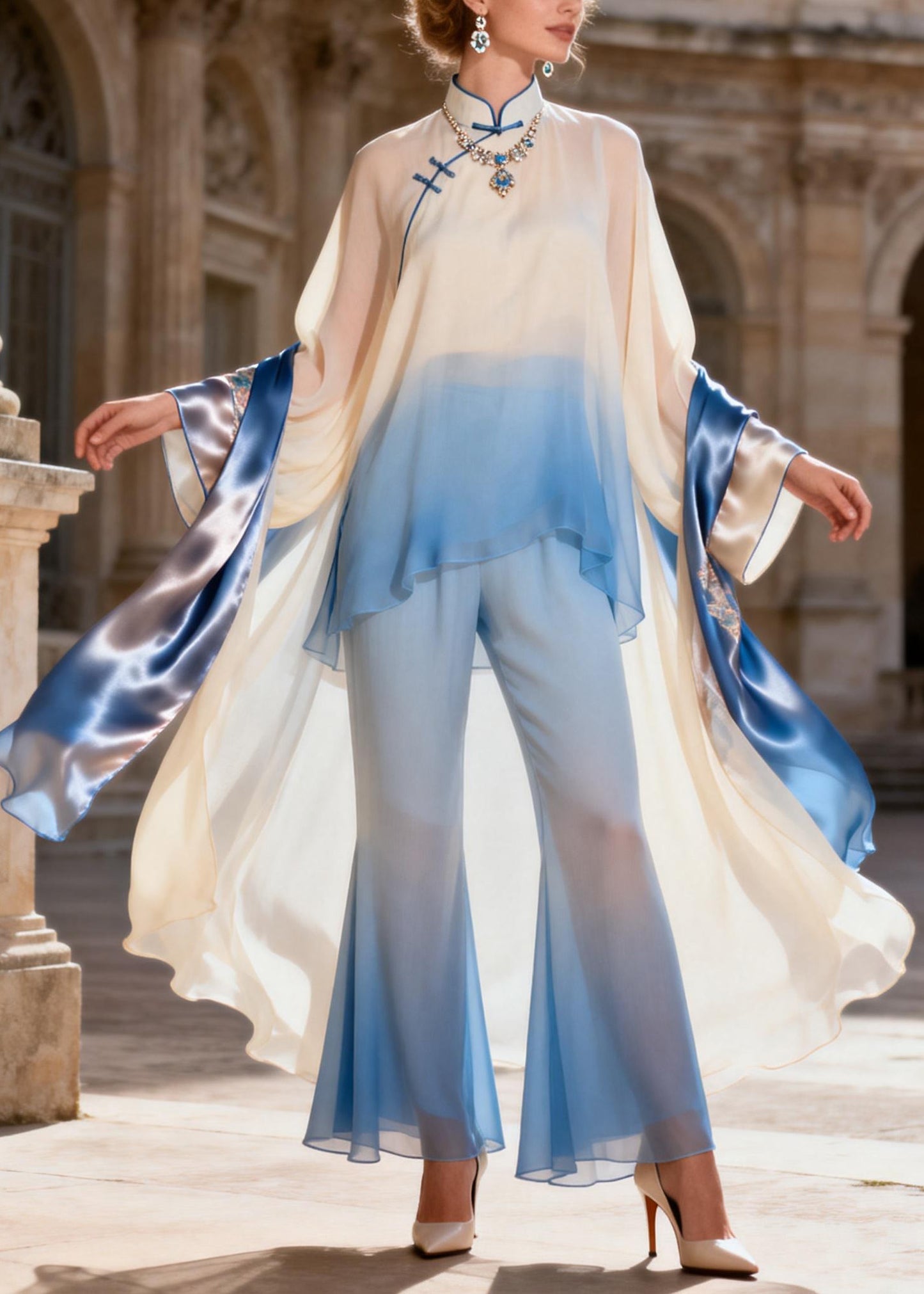 Chic Stand Collar Asymmetrical Patchwork Silk 2 Piece Outfit Spring