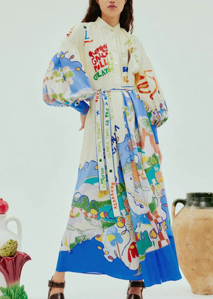 Chic Stand Collar Print Button Long Dress Lantern Sleeve