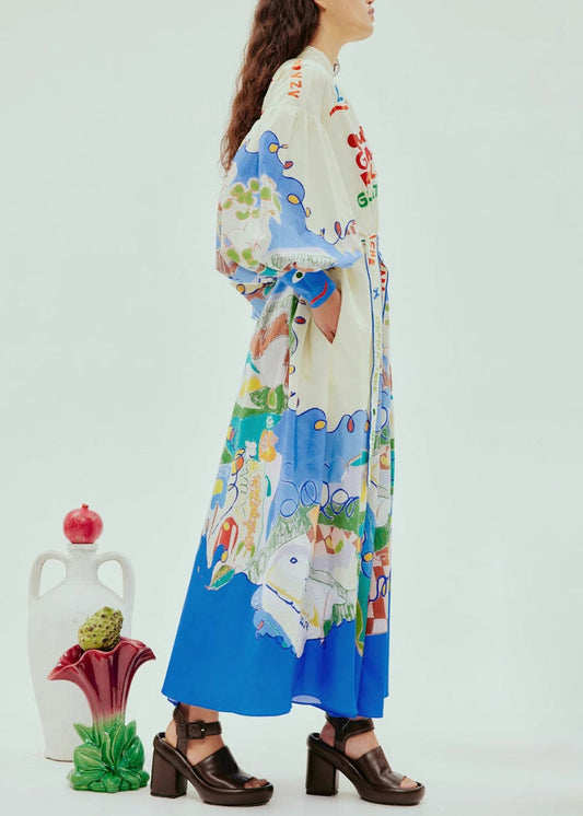 Chic Stand Collar Print Button Long Dress Lantern Sleeve