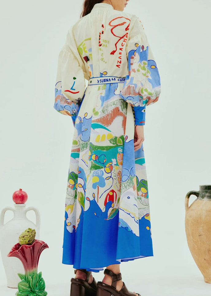 Chic Stand Collar Print Button Long Dress Lantern Sleeve