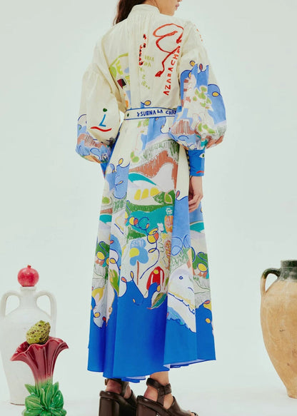 Chic Stand Collar Print Button Long Dress Lantern Sleeve