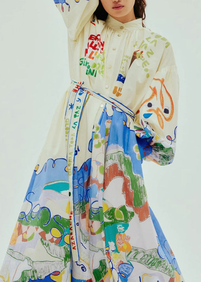 Chic Stand Collar Print Button Long Dress Lantern Sleeve