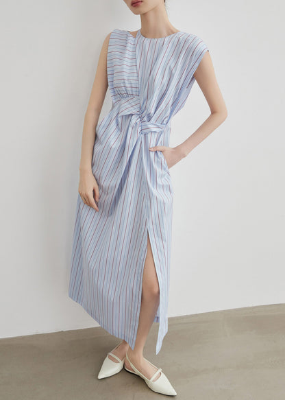 Chic Striped Hollow Out Side Open Cotton Long Dress Sleeveless