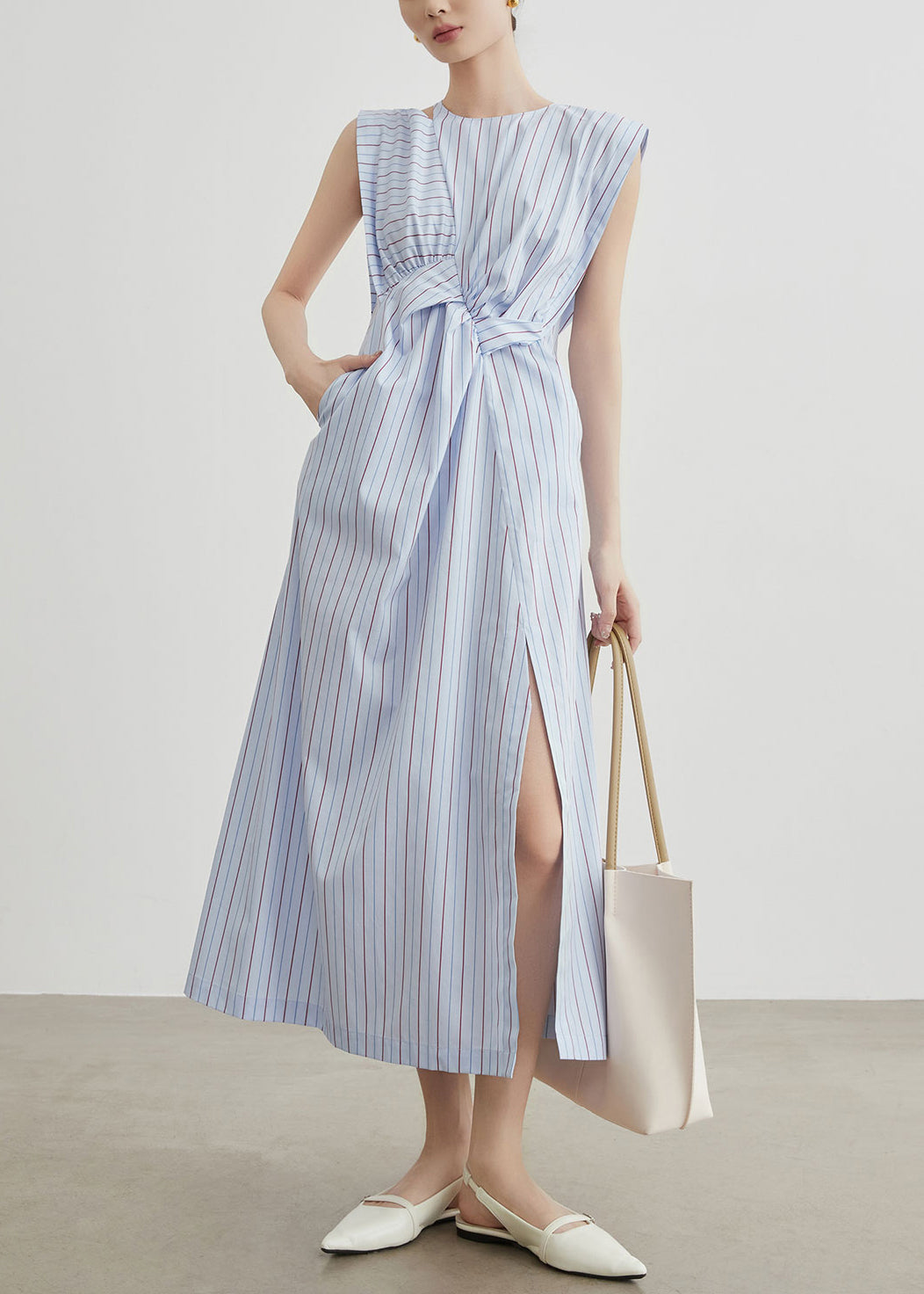Chic Striped Hollow Out Side Open Cotton Long Dress Sleeveless
