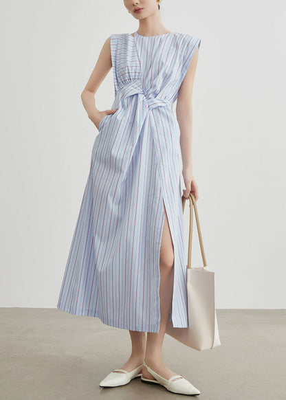 Chic Striped Hollow Out Side Open Cotton Long Dress Sleeveless